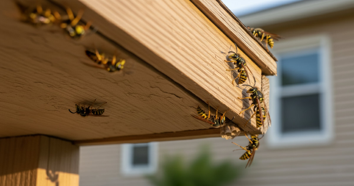 Close-up of several yellow jacket wasps clinging to the underside of a wooden eave.